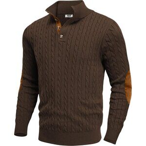 Men's Cable Knitted Pullover Sweaters Long Sleeve Stand Collar Button Up Brown